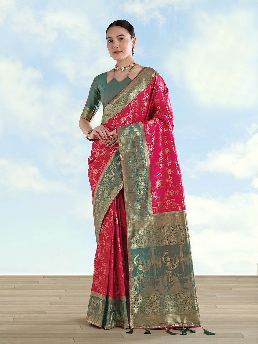 Rani Pink Banarasi-Style Silk Blend Saree with Dancer Motif Pallu, front drape