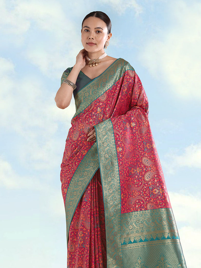 Rani Pink Banarasi-Style Silk Blend Saree with Paisley Weave, three-quarter view