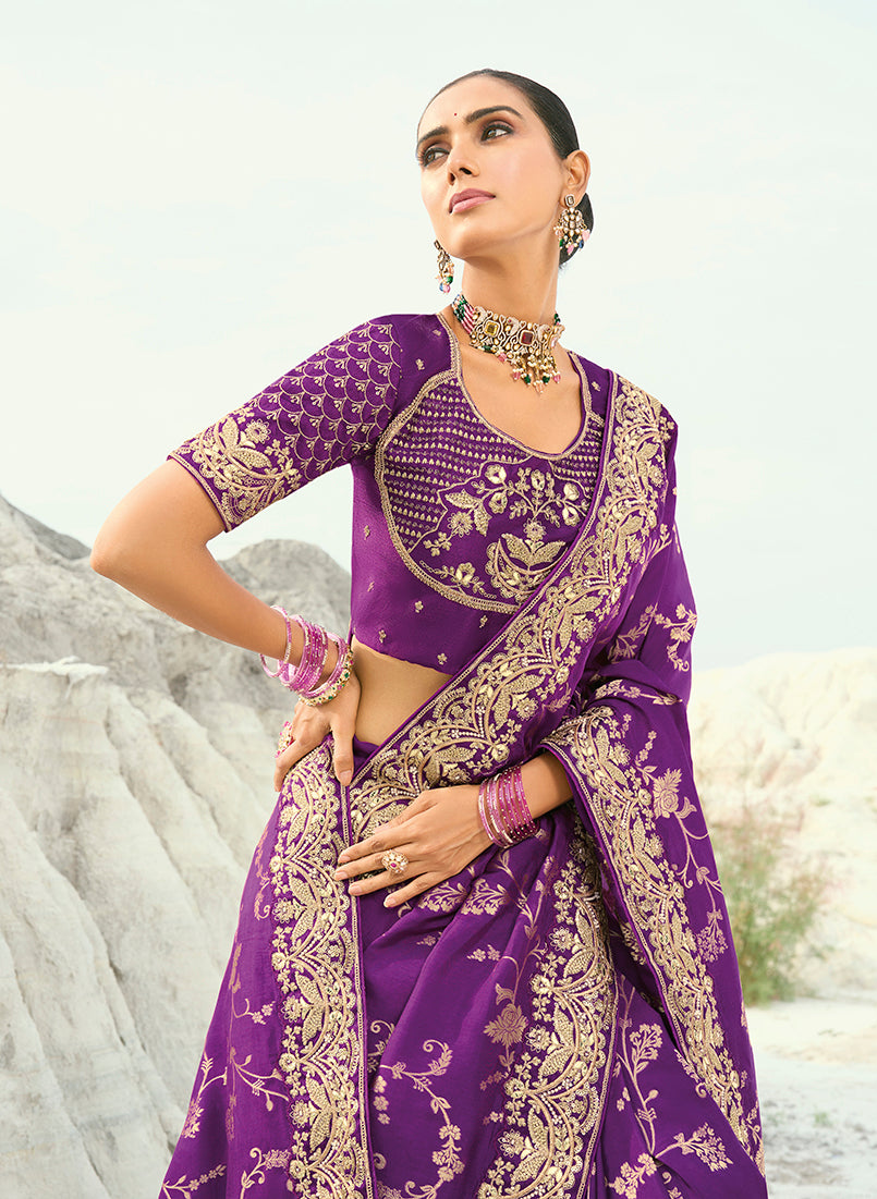 Magenta Silk Blend Saree with Scrollwork Border, blouse and neckline close-up