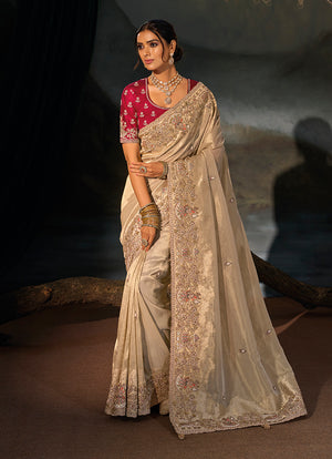 Beige Silk Blend Saree with Stone and Sequin Accents