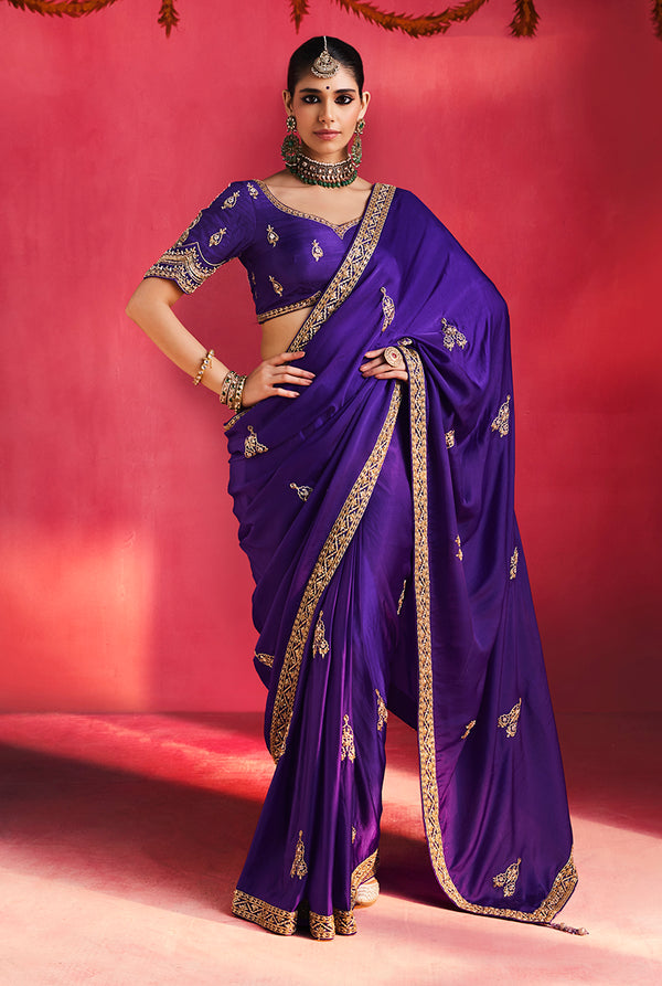 Purple Silk Blend Saree with Embroidered Blouse, front