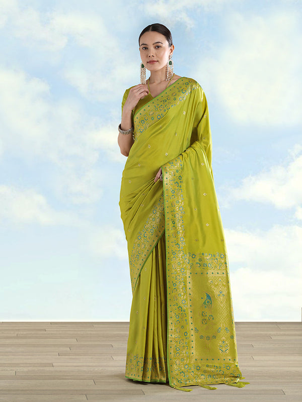 Light Green Banarasi-Style Satin Saree with Peacock Pallu, front