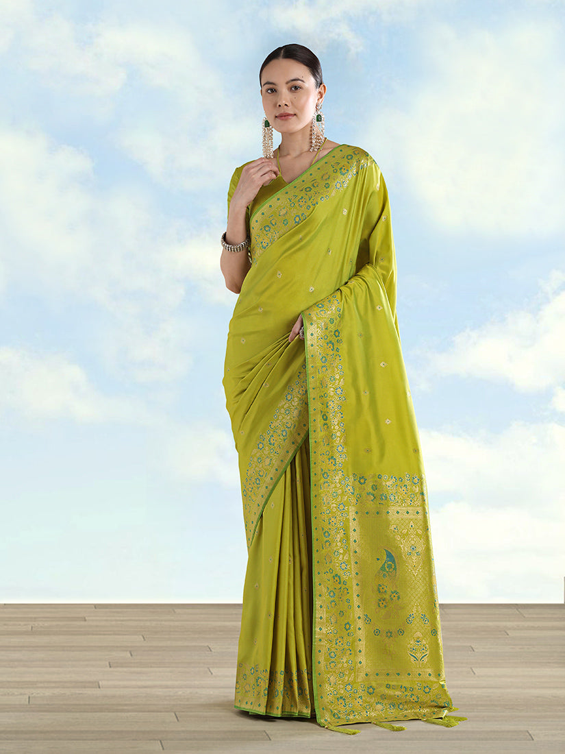 Light Green Banarasi-Style Satin Saree with Peacock Pallu, front