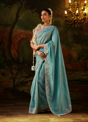 Sky Blue Faux Tissue Saree with Embroidered Scalloped Border