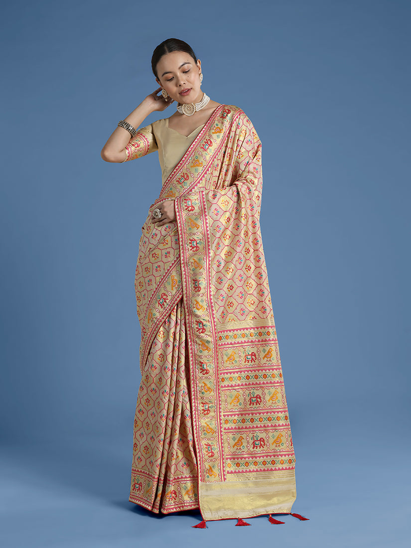 Cream Patola-Style Satin Saree with Elephant Motifs, front drape