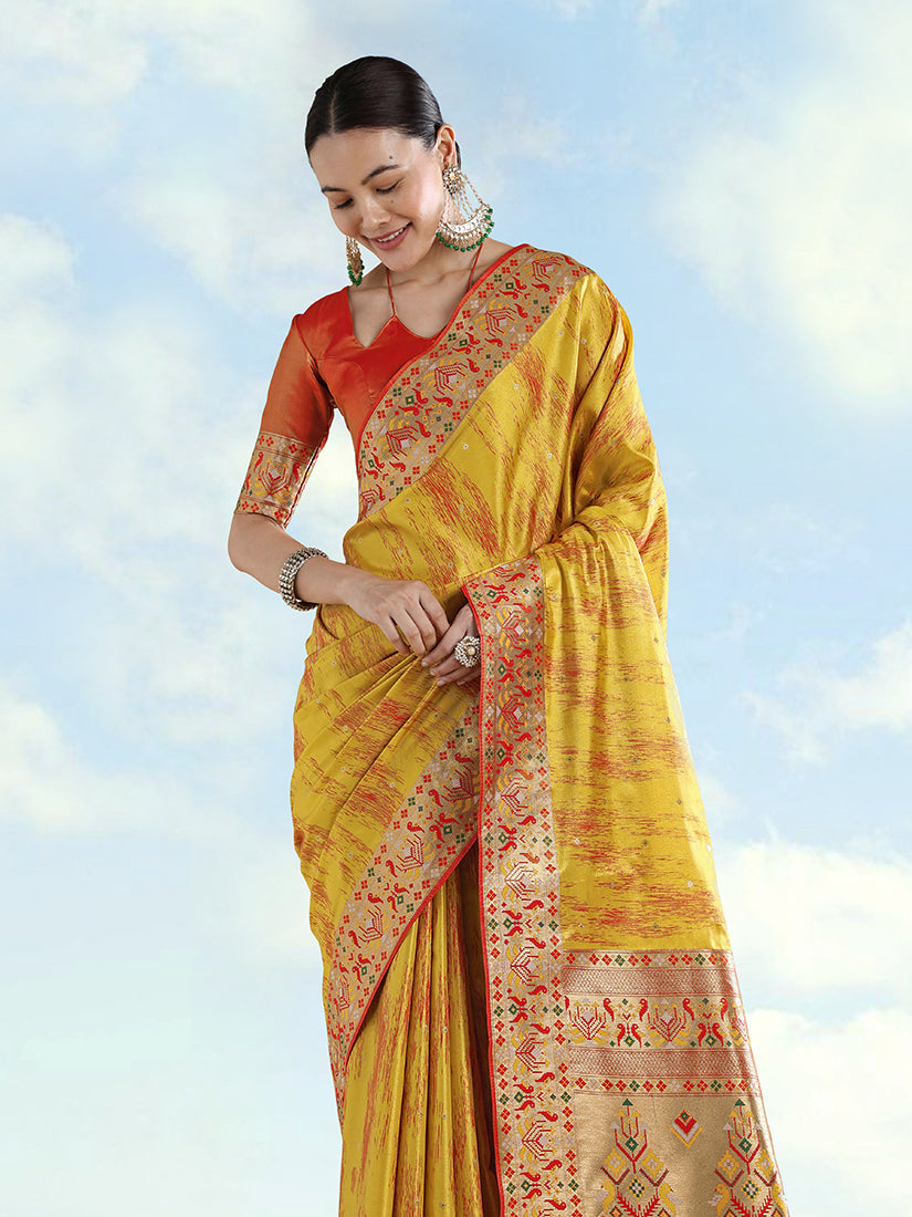 Mustard Paithani-Style Tissue Silk Saree with Contrast Border, three-quarter view