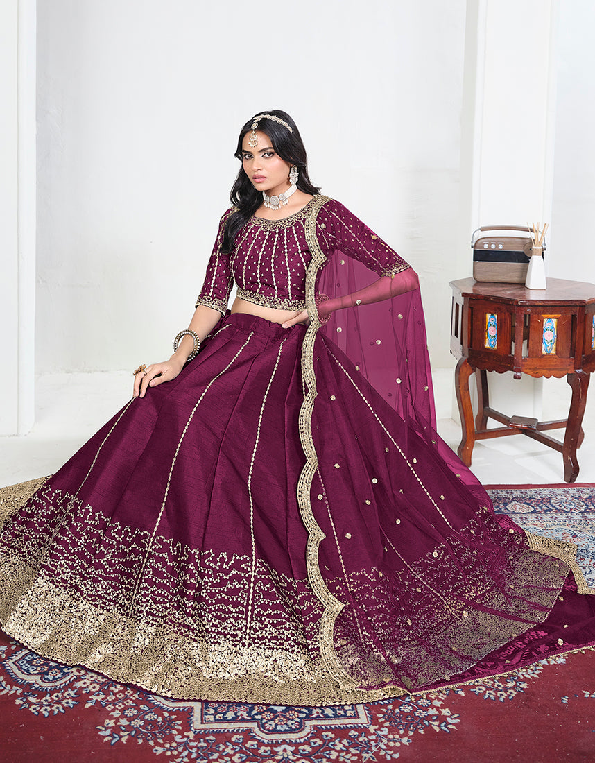 Wine Art Silk Embroidered Lehenga Choli, seated view