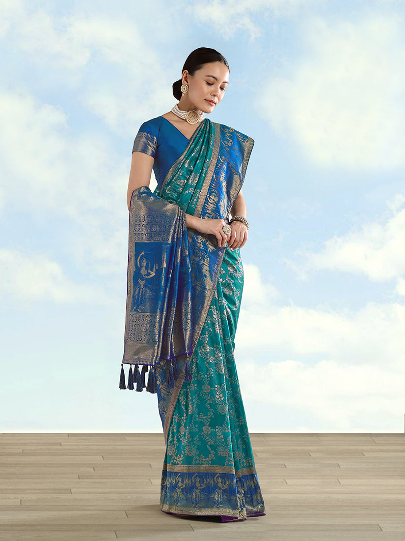 Turquoise Banarasi-Style Silk Blend Saree with Dancer Motif Pallu, front drape