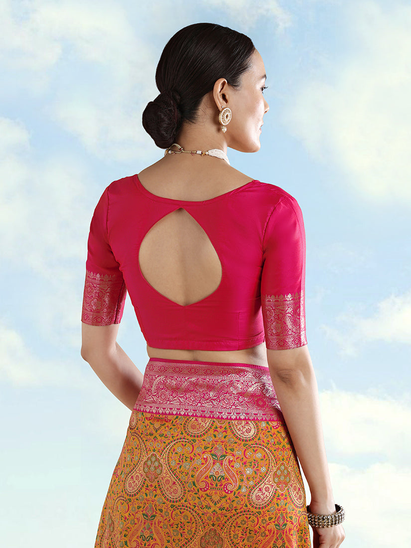 Mustard Banarasi-Style Silk Blend Saree with Paisley Weave, blouse back