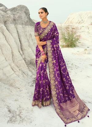 Magenta Silk Blend Saree with Scrollwork Border
