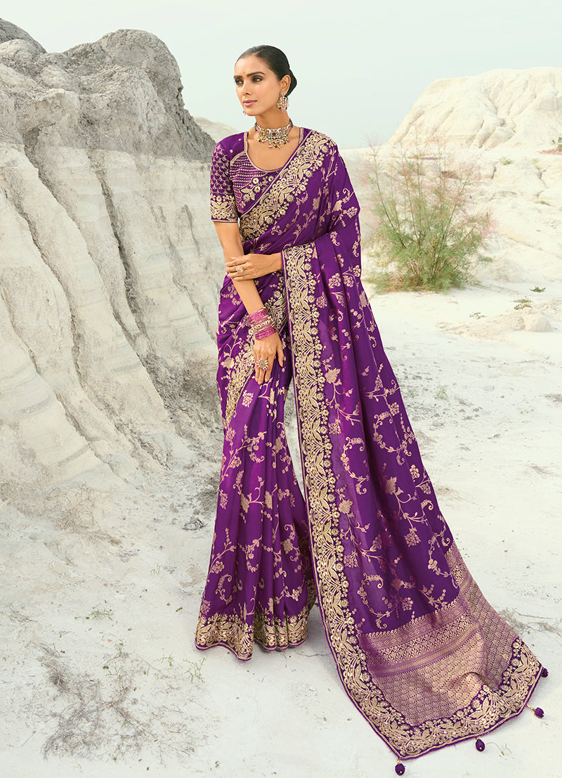 Magenta Silk Blend Saree with Scrollwork Border, front