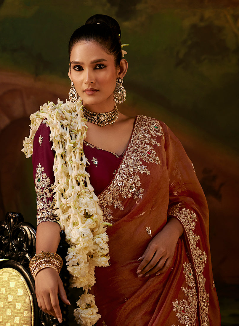 Rust Orange Faux Tissue Saree with Embroidered Scalloped Border, blouse front