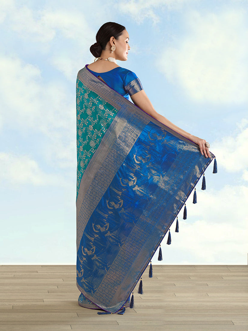 Turquoise Banarasi-Style Silk Blend Saree with Dancer Motif Pallu, back with pallu