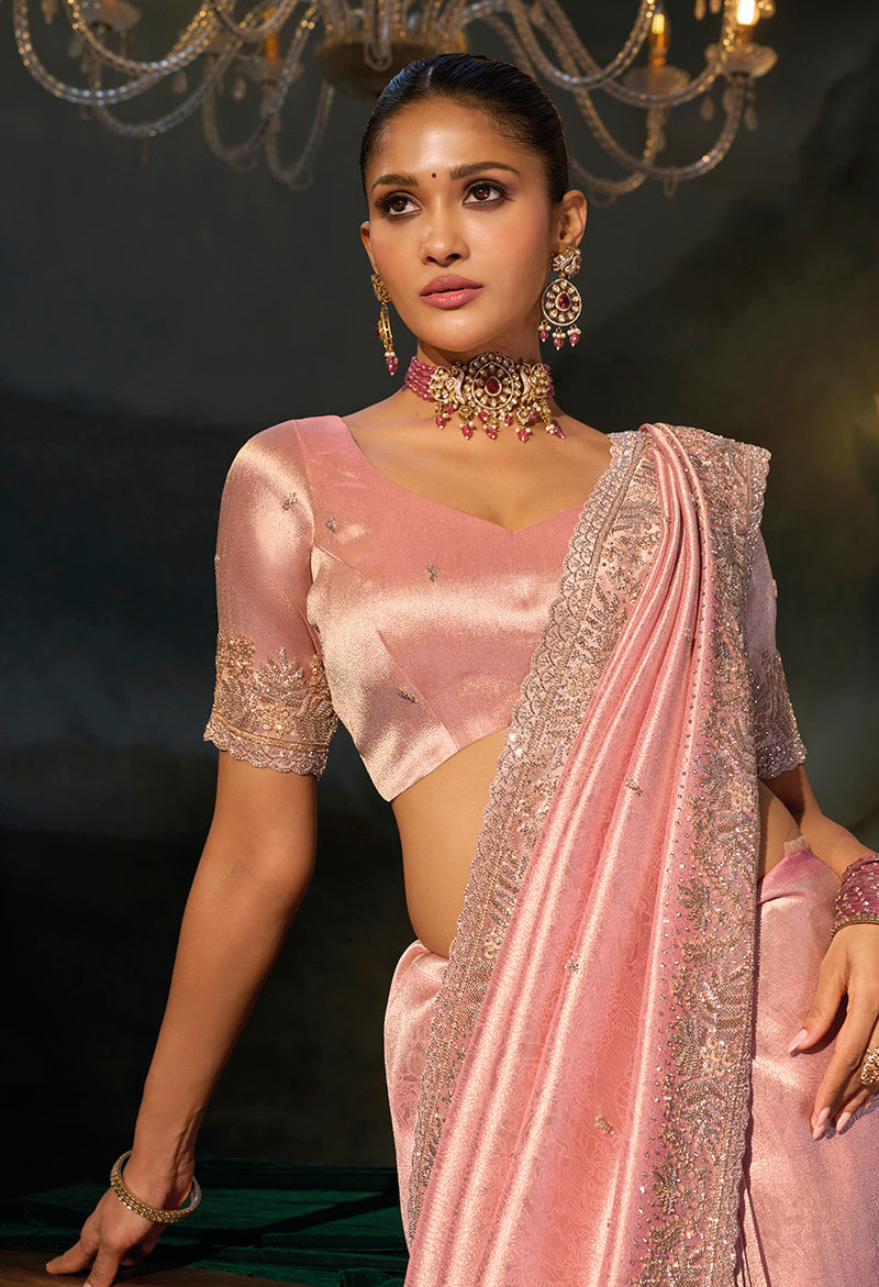 Pink Silk Blend Saree with Delicate Floral Border, blouse and pallu close-up