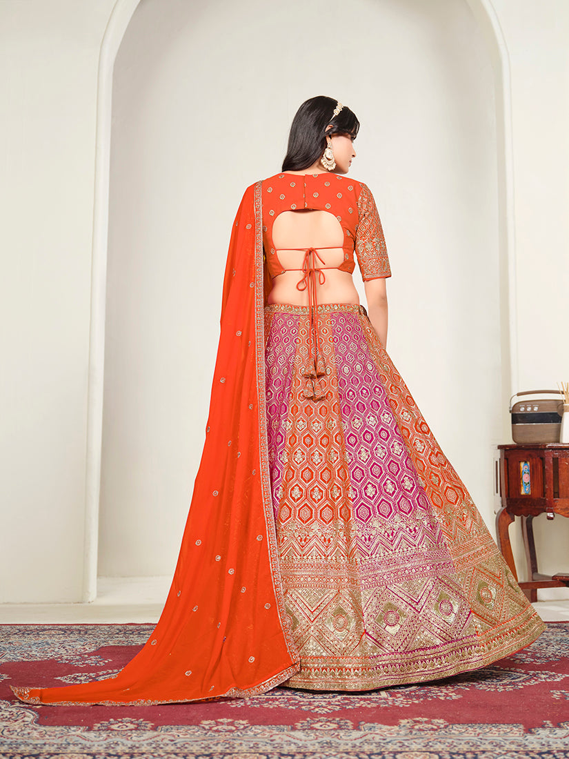 Orange Georgette Embroidered Lehenga Choli, back