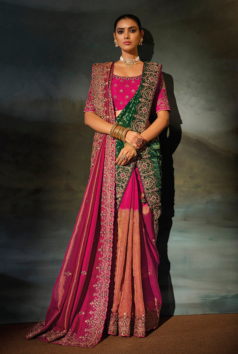 Rani Pink Silk Blend Saree with Green Embroidered Pallu, front with pallu drape