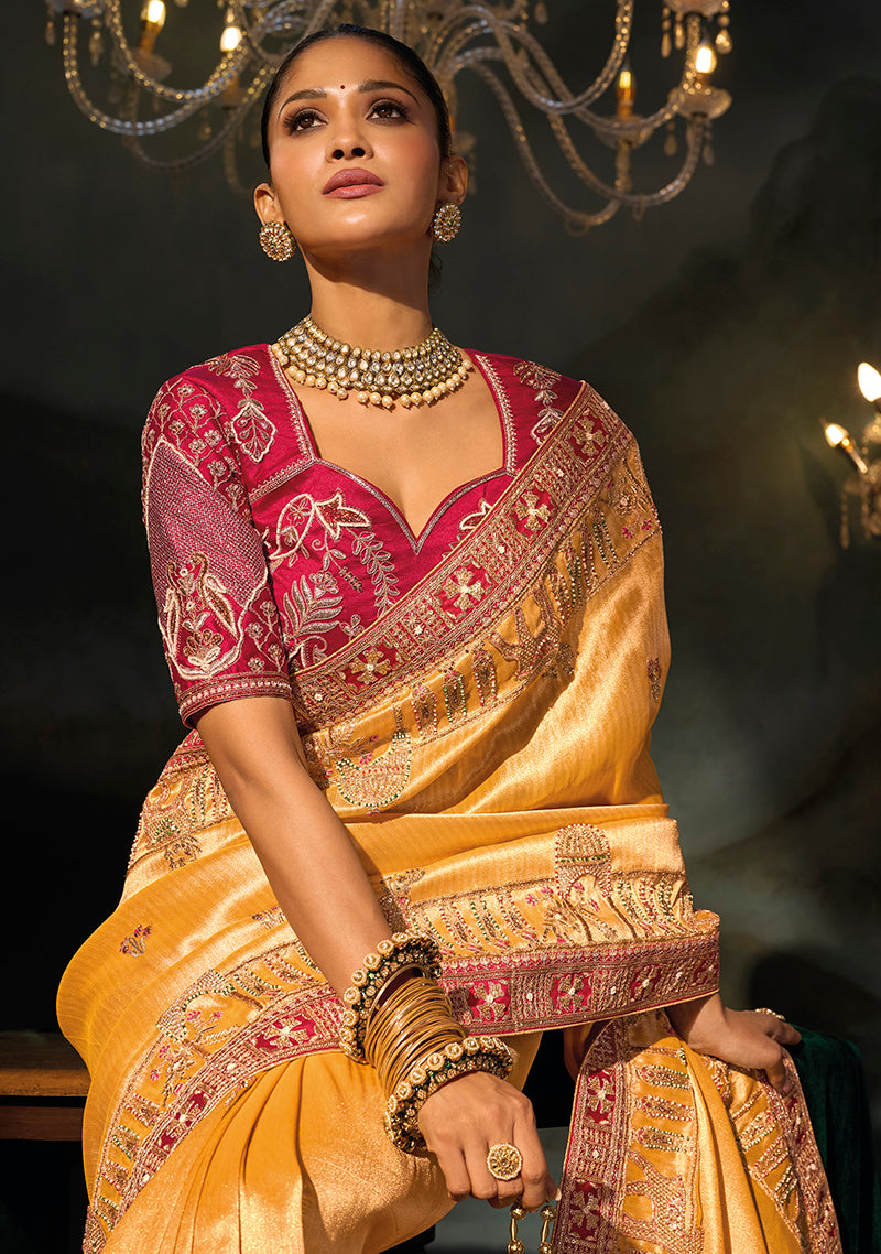 Mustard Silk Blend Saree with Wide Embroidered Border, blouse and border close-up