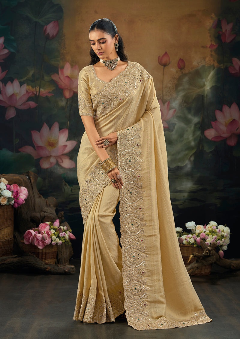 Beige Kanjivaram-Style Silk Saree with Embroidered Border, front