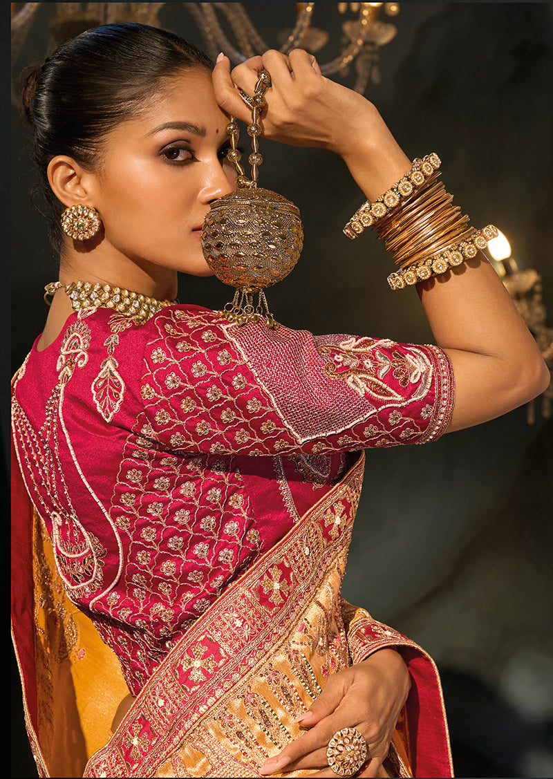 Mustard Silk Blend Saree with Wide Embroidered Border, blouse back and sleeve detail