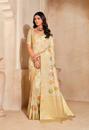 Cream Silk Blend Saree with Woven Zari Motifs