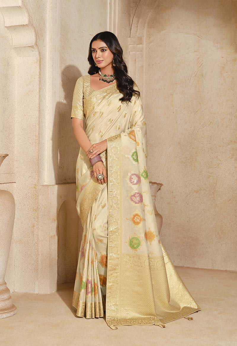 Cream Silk Blend Saree with Woven Zari Motifs, front