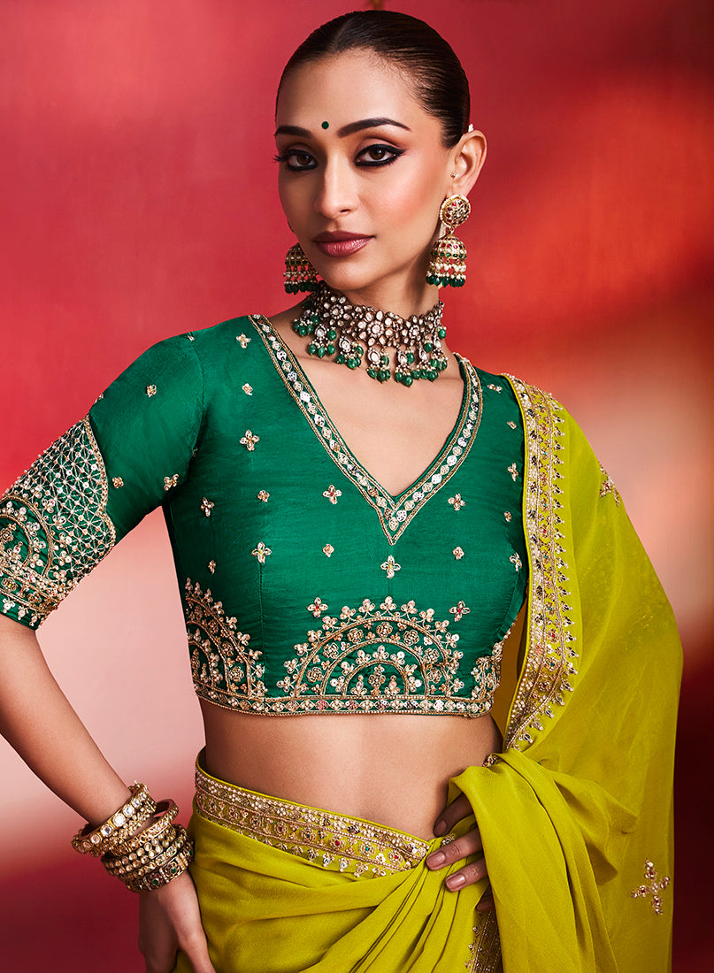 Lime Green Silk Blend Saree with Dark Green Blouse, blouse front