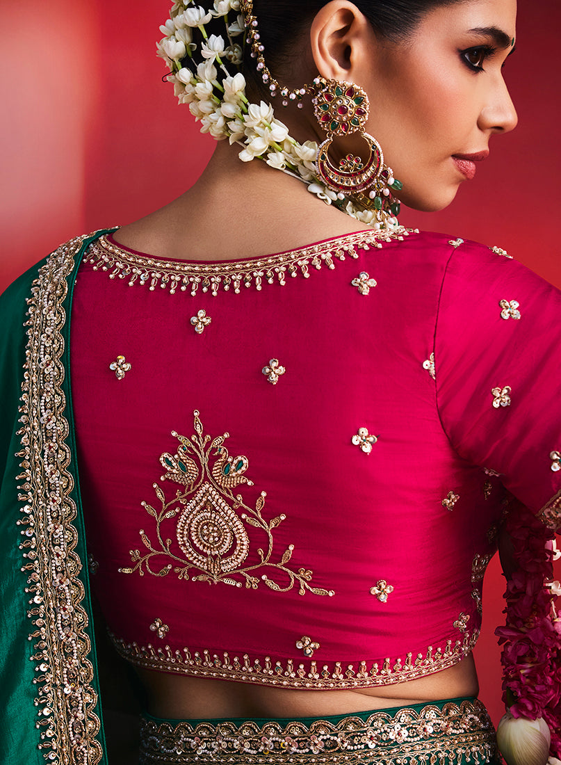 Bottle Green Silk Blend Saree with Rani Pink Blouse, blouse back