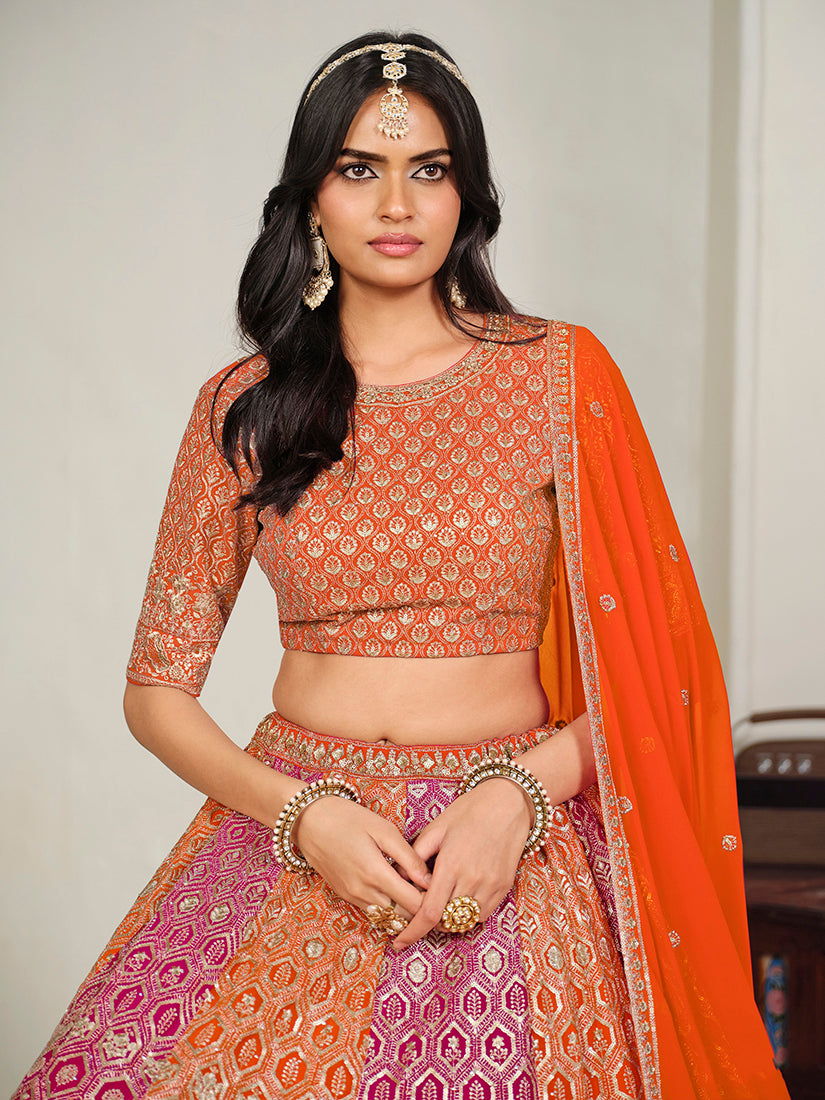 Orange Georgette Embroidered Lehenga Choli, choli close-up