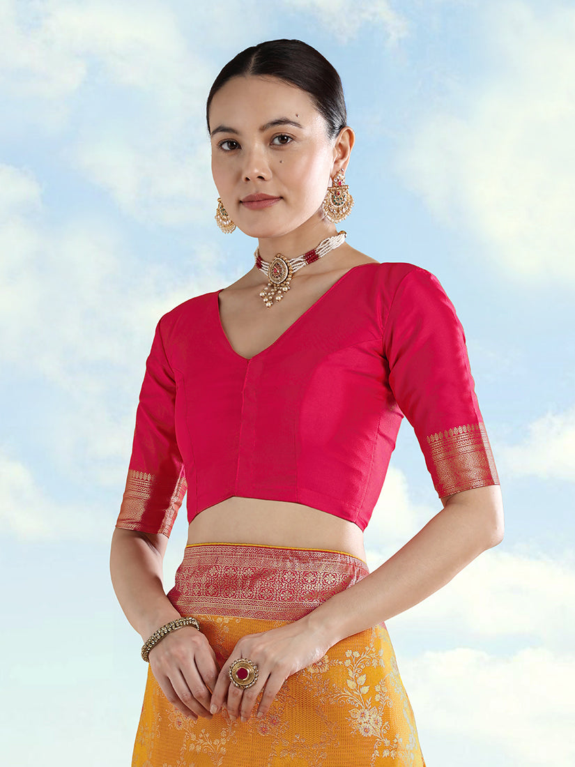Orange Banarasi-Style Silk Blend Saree with Dancer Motif Pallu, blouse front