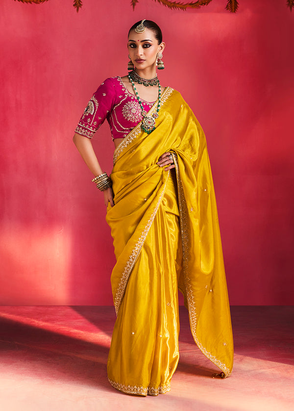 Mustard Yellow Silk Blend Saree with Rani Pink Blouse, front