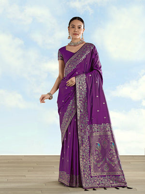 Purple Banarasi-Style Satin Saree with Peacock Pallu