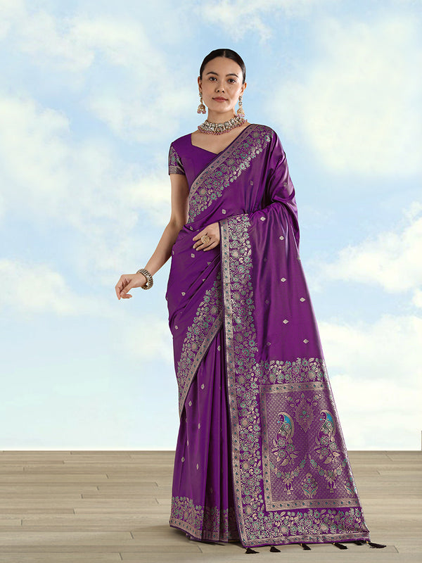 Purple Banarasi-Style Satin Saree with Peacock Pallu, front