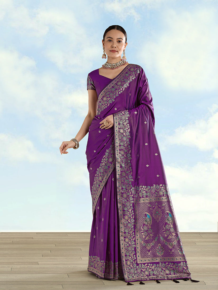 Purple Banarasi-Style Satin Saree with Peacock Pallu, front