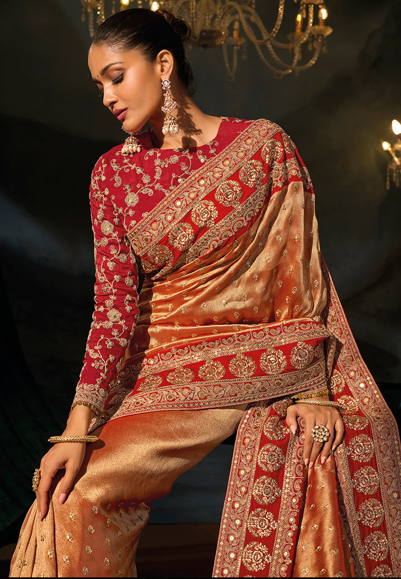 Copper Silk Blend Saree with Wide Floral Medallion Border, blouse and pallu close-up