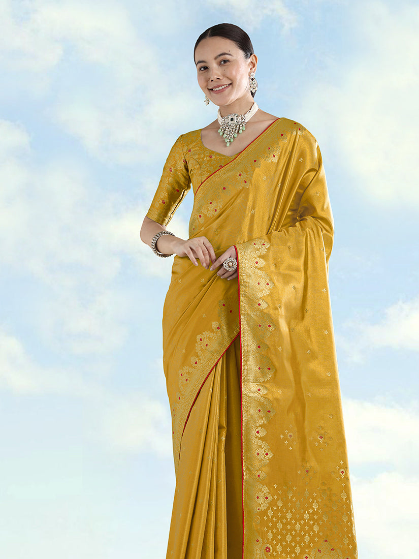 Mustard Tissue Silk Saree with Zari Paisley Pallu, three-quarter view