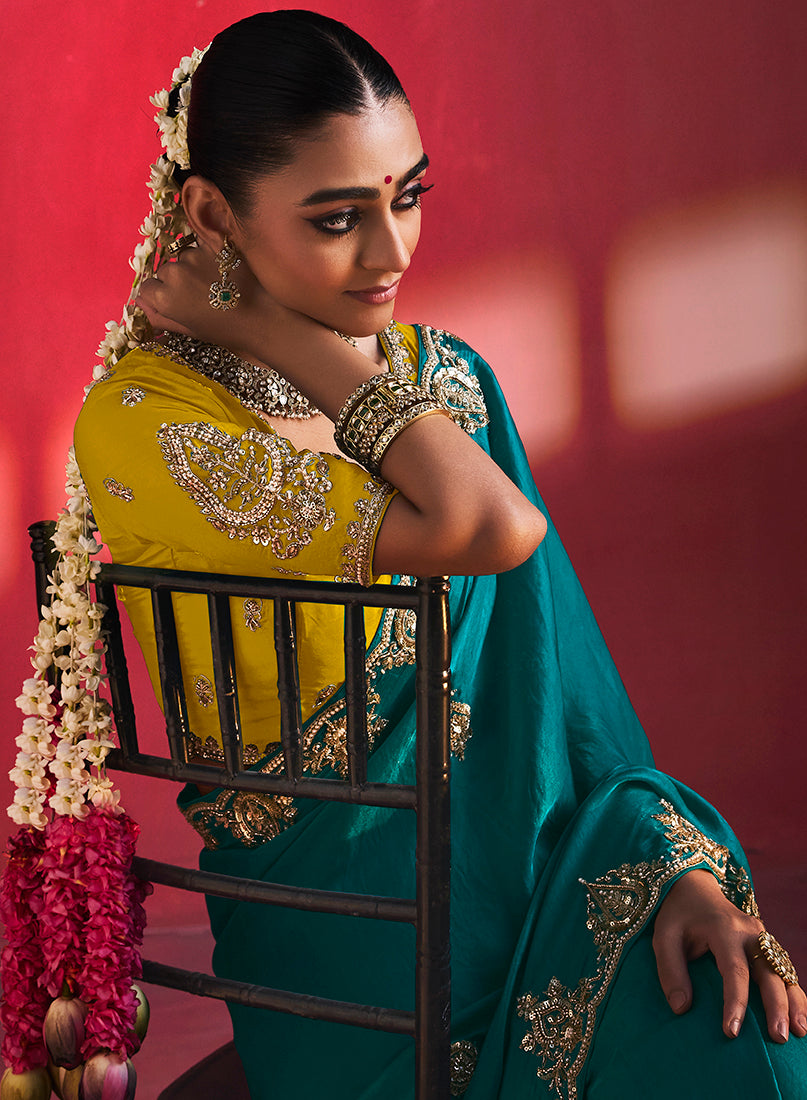 Teal Blue Silk Blend Saree with Yellow Blouse, blouse front