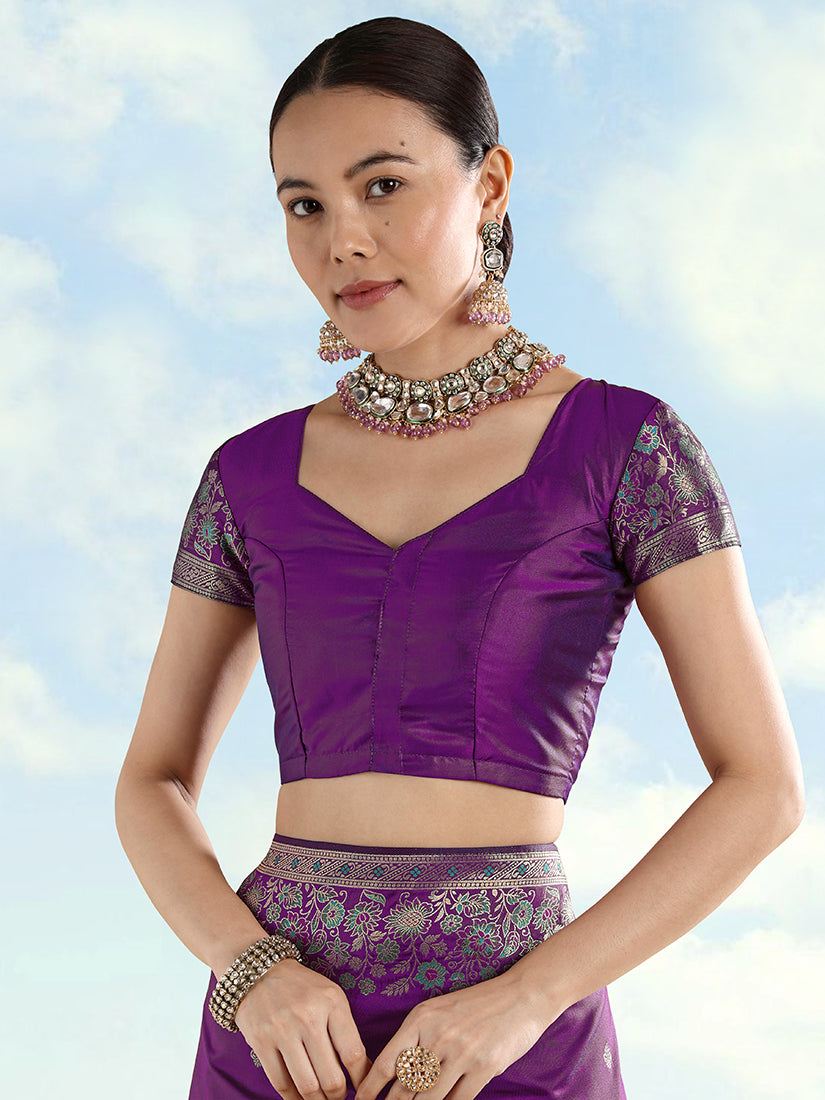 Purple Banarasi-Style Satin Saree with Peacock Pallu, blouse front