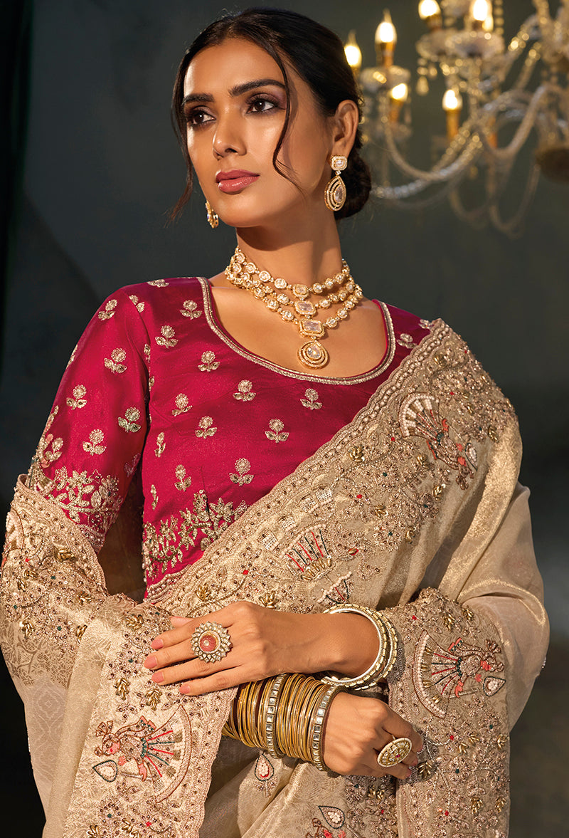 Beige Silk Blend Saree with Stone and Sequin Accents, blouse and pallu close-up