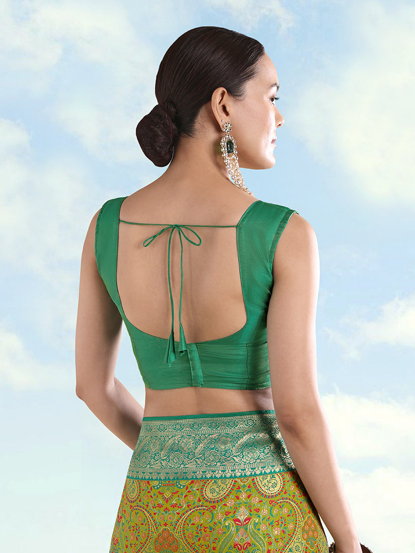 Lemon Green Banarasi-Style Silk Blend Saree with Paisley Weave, blouse back