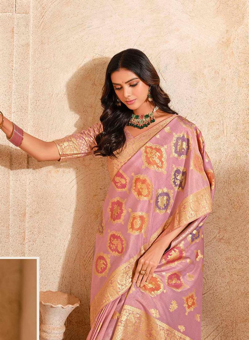 Light Pink Silk Blend Saree with Woven Zari Motifs, front drape