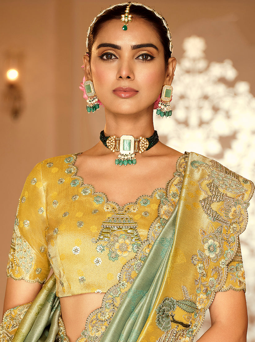 Multicolor Silk Blend Saree with Zari Embroidered Border, blouse front