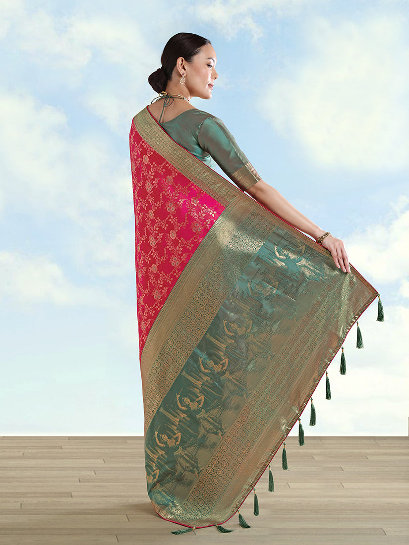 Rani Pink Banarasi-Style Silk Blend Saree with Dancer Motif Pallu, back with pallu