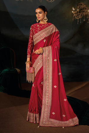 Red Satin Saree with Embroidered Border