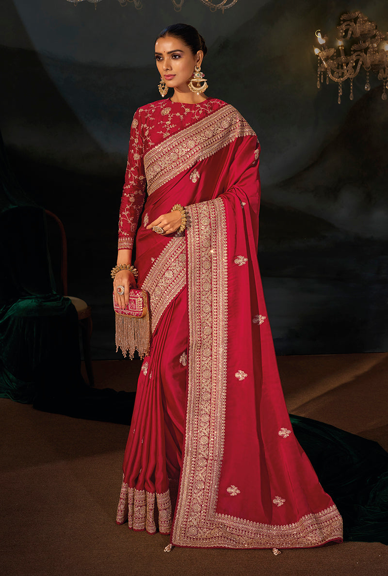 Red Satin Saree with Embroidered Border, front