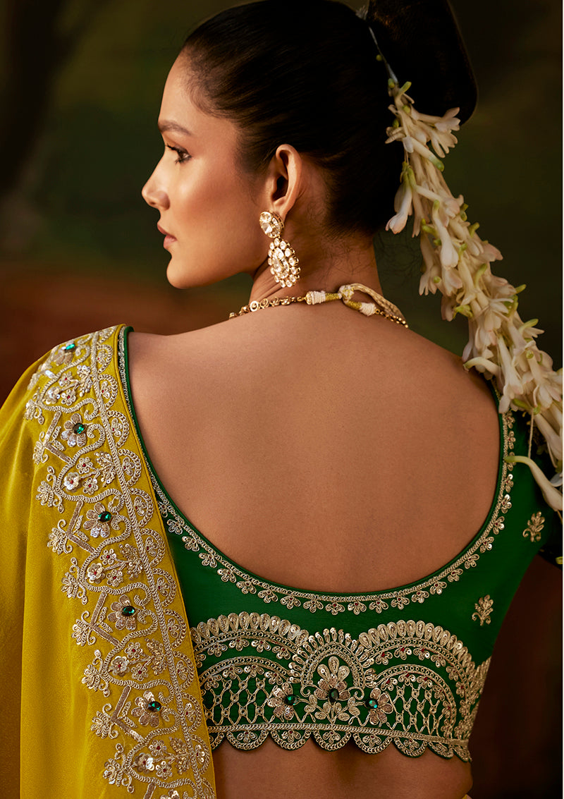 Mustard Faux Tissue Saree with Embroidered Scalloped Border, blouse back