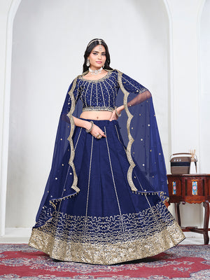 Navy Blue Art Silk Embroidered Lehenga Choli