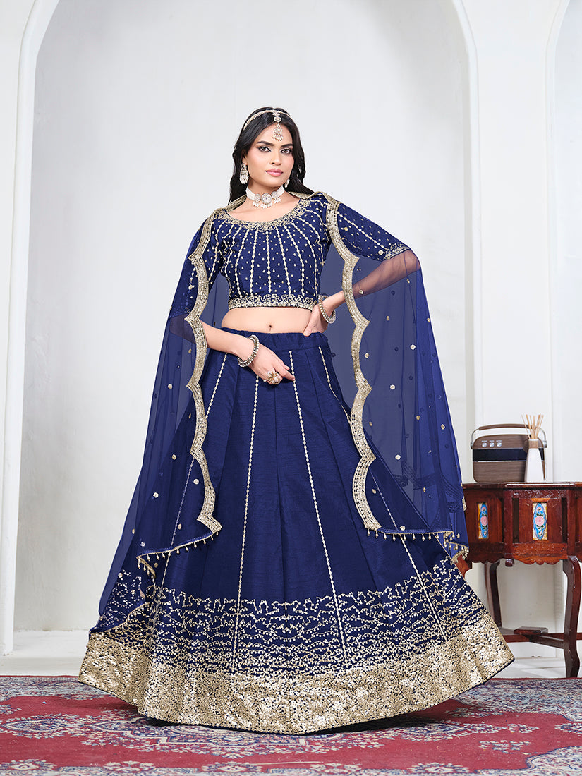 Navy Blue Art Silk Embroidered Lehenga Choli, front