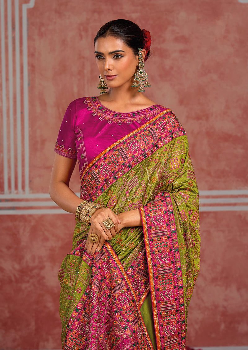 Parrot Green Silk Blend Saree with Geometric Motifs, upper body blouse detail