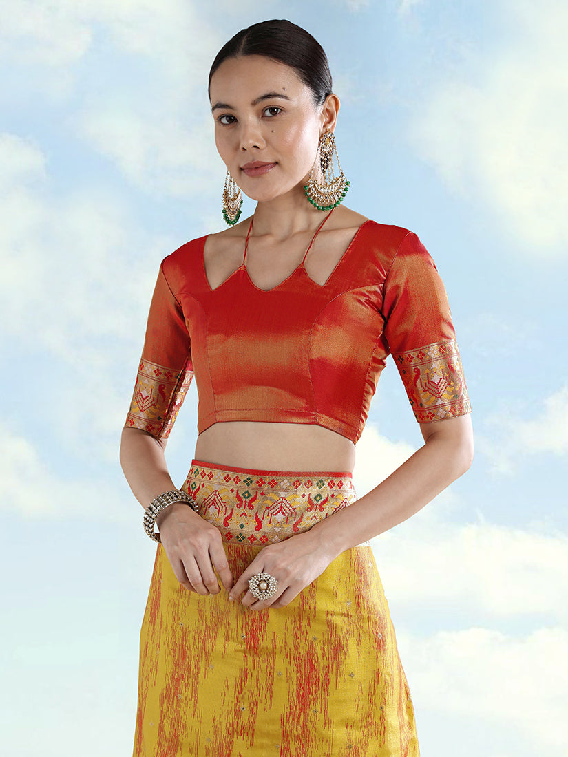 Mustard Paithani-Style Tissue Silk Saree with Contrast Border, blouse front