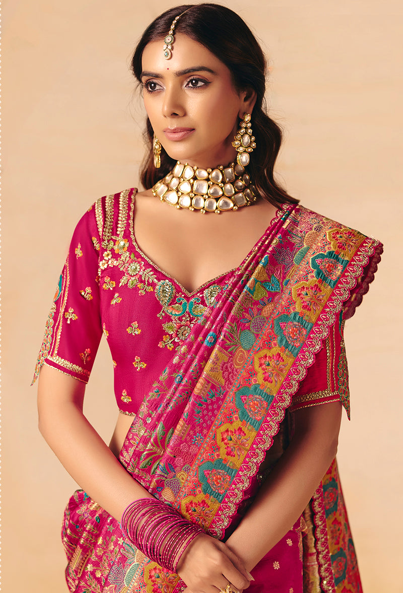 Rani Pink Silk Blend Saree with Multicolor Thread Work Pallu, blouse front